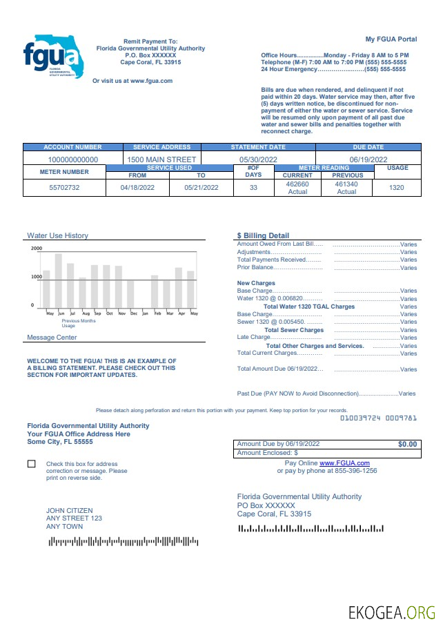 USA Florida FGUA utility bill template in Word and PDF format